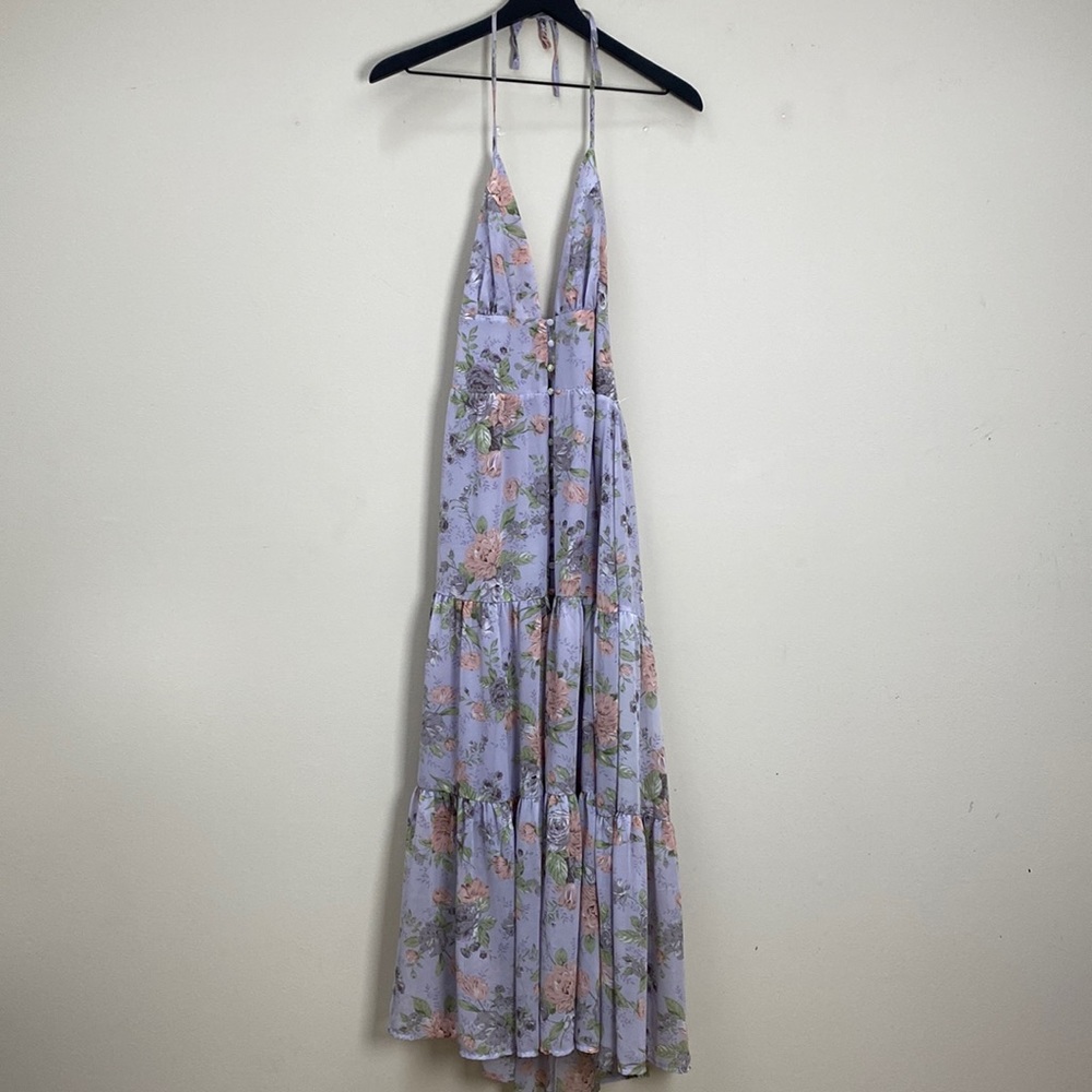Lulu’s backless “Everlasting Sight Lavender Floral Print Tie-Strap Midi Dress”